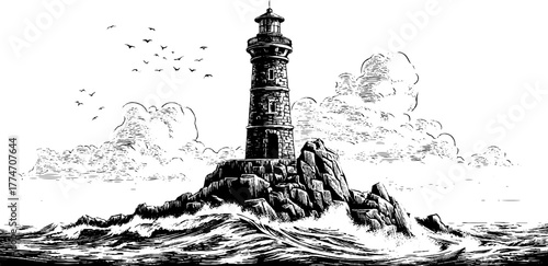 Vintage lighthouse on cliff with ocean waves and birds - retro coastal sketch for design