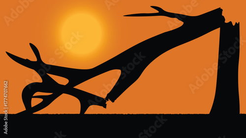 Sunset illustration of black silhouette of a broken dry tree in Africa.