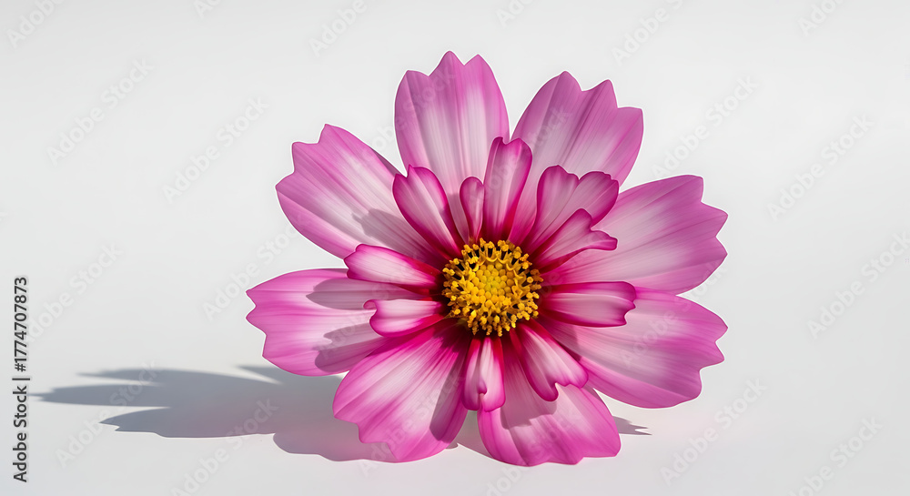 Obraz premium Delicate Pink and White Cosmos Flower with Yellow Center on White Background Studio Shot