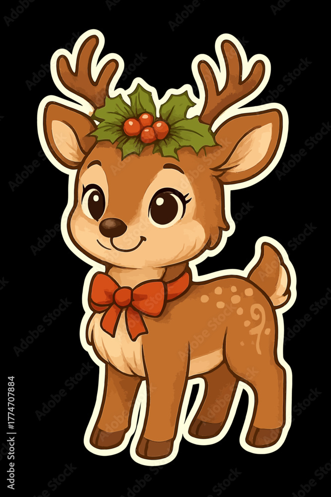 Obraz premium Adorable Cartoon Reindeer with Holly and Red Bow, Cute Christmas Character Illustration