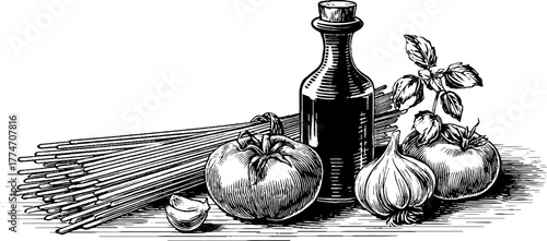 Vintage culinary art featuring pasta ingredients with tomatoes, garlic, and basil for kitchen decor