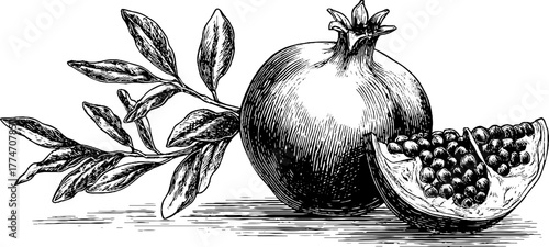 Vintage engraving of pomegranate with leaves and half fruit for retro design and decoration