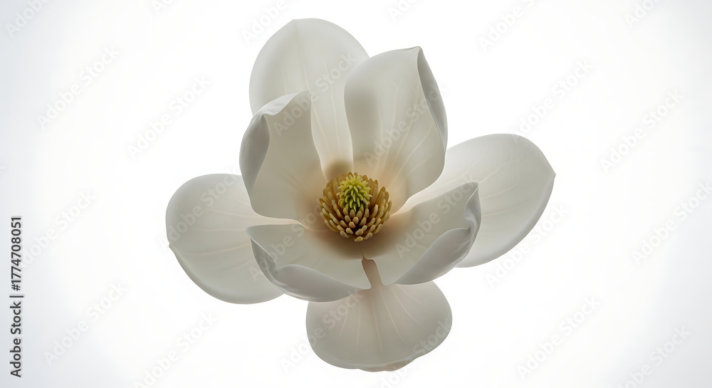 Fototapeta premium Stunning Close up of a White Magnolia Flower in Full Bloom Against a Bright White Background