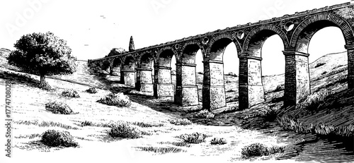 Ancient ruined roman aqueduct in open countryside landscape for historical art and design