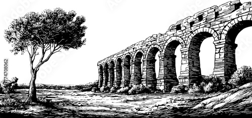 Ruined roman aqueduct in countryside: vintage engraving for historical design