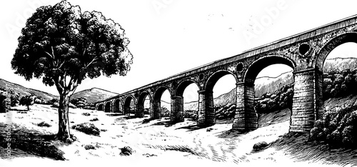 Ancient roman aqueduct ruins over open countryside landscape