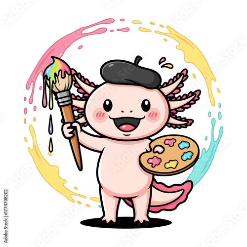 Cute Painter Axolotl Wearing Beret Holding Brush and Color Palette Vector Illustration
