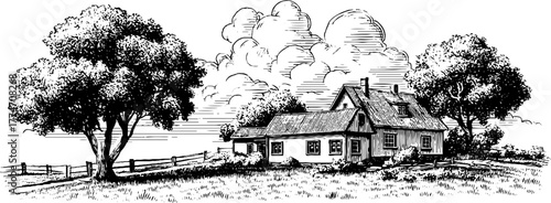 Rustic farmhouse in nature with trees and clouds - vintage landscape design for cards and posters