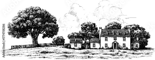 Rustic farmhouse scene with trees and fence in vintage engraving style for retro design