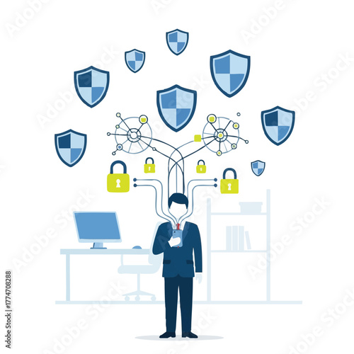 A businessman is depicted with various digital security elements like shields and locks surrounding his head, symbolizing robust online data protection and privacy.