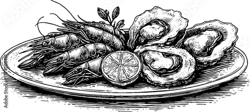 Vintage seafood platter with shrimp oysters and lemon hand drawn design