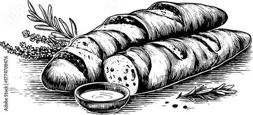 Vintage engraving of sliced baguette with olive oil and herbs - perfect for kitchen decor