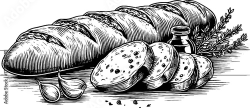 Vintage engraving of sliced baguette with olive oil and dipping herbs - retro design for culinary art