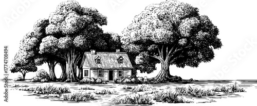 Vintage engraving of a small cottage amidst lush trees and grass