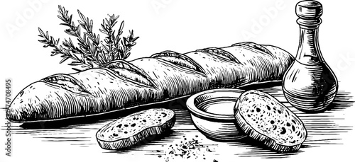 Vintage engraving of sliced baguette with olive oil and herbs - perfect for culinary art décor