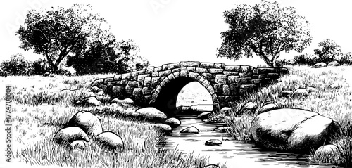 Vintage stone arch bridge over stream surrounded by nature for poster design