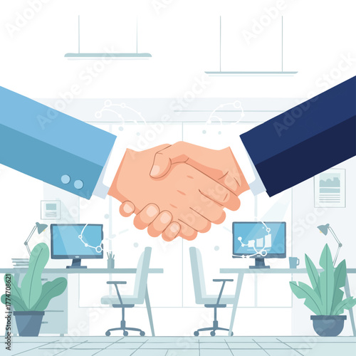 Two business professionals finalize a successful agreement with a firm handshake in a contemporary office setting, representing trust and a new partnership.