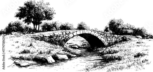 Vintage engraving of stone arch bridge over stream in serene landscape setting