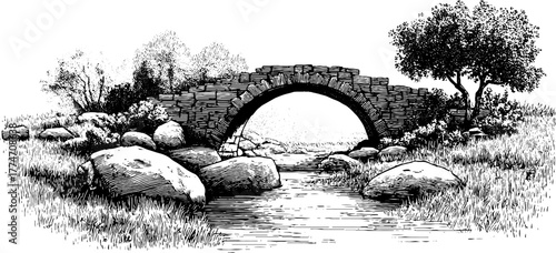 Vintage engraving of stone arch bridge over stream in tranquil landscape for retro design