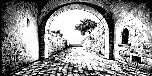 Vintage stone passageway engraving leading to open square with trees