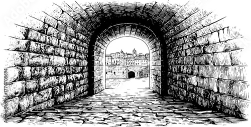 Antique stone passageway leading to open square - vintage architectural sketch