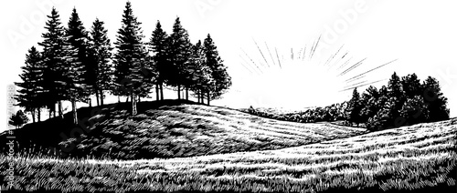 Vintage sunrise landscape with rays over hill and trees silhouette