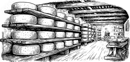Traditional cheese cellar with stacked wheels for retro culinary design and decoration