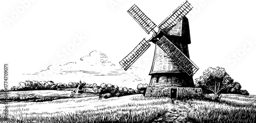 Traditional windmill scene with wooden blades and stone base - vintage landscape design for prints and posters