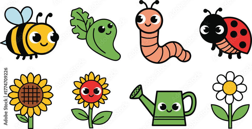 Fototapeta premium Cute Cartoon Garden Insects, Flowers, and Watering Can Vector Illustration Set