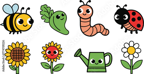 Cute Cartoon Garden Insects, Flowers, and Watering Can Vector Illustration Set
