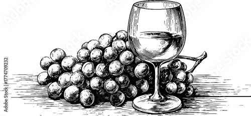 Vintage wine goblet and grapes illustration for beverage label design