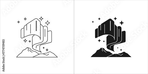 Northern lights over mountains in line and glyph
