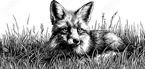 Vintage fox sitting alert in tall grass with focused gaze for retro design
