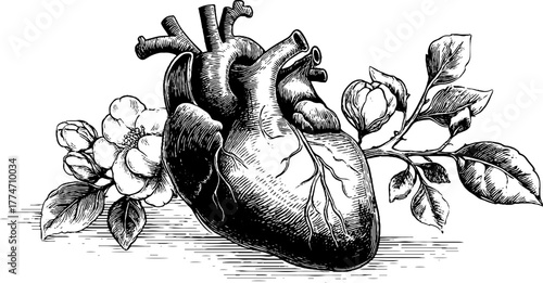 Vintage heart with floral ornaments and curling stems for romantic card design