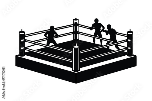Silhouetted wrestlers engage in intense combat within a classic boxing ring arena