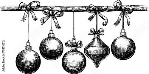 Elegant christmas ornaments hanging with ribbon on horizontal border for festive decoration design