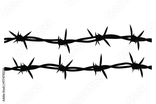 Sharp barbed wire strands with jagged spikes creating a stark silhouette against a white background