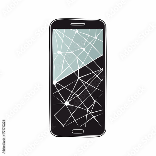 Smartphone with cracked screen damage illustration isolated white background