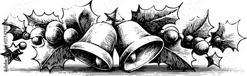 Festive christmas border with bells stars and holly branch for holiday designs