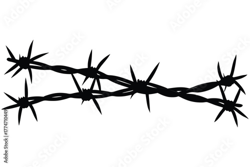 A stark black silhouette of barbed wire forming a twisted menacing line against a white background