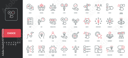 Choice, making decision, opportunity and variety list of alternative options line icon set. Strategy planning solution, direction, preselection thin black and red outline symbols vector illustration