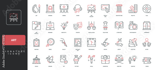 Art project and culture, theater and cinema, museum gallery and ballet dance line icon set. NFT and architecture, artwork of artist, literature thin black and red outline symbols vector illustration
