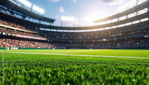 Lush Green Stadium Field View with Packed Crowd, Under Bright Sunlight, and Sports Day.
