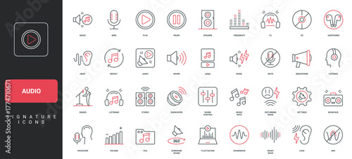 Audio, music and voice record, podcast, sound frequency and soundwave, mic line icon set. Pause and play button, megaphone and speaker, equalizer thin black and red outline symbols vector illustration