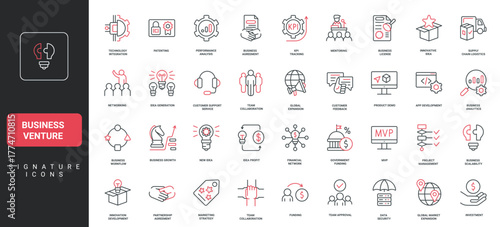 Modern business venture signature icons cover startup, investment, innovation, analytics, teamwork, growth concepts presentations, websites, and branding isolated vector illustration