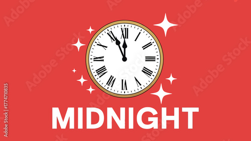 Clock striking midnight with sparkles and text