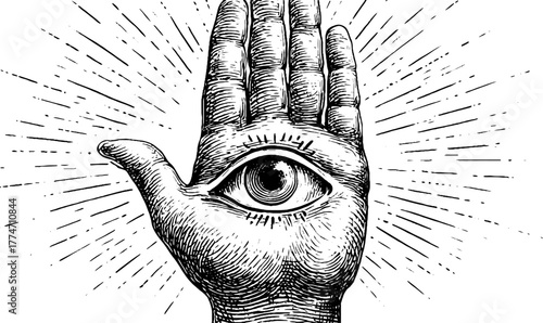 Mystical hand with eye symbol and radiating lines – spiritual design for decoration or poster