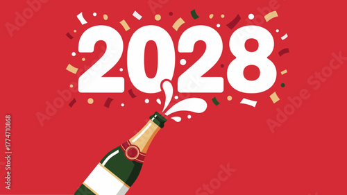 Champagne bottle popping with confetti and the year 2028
