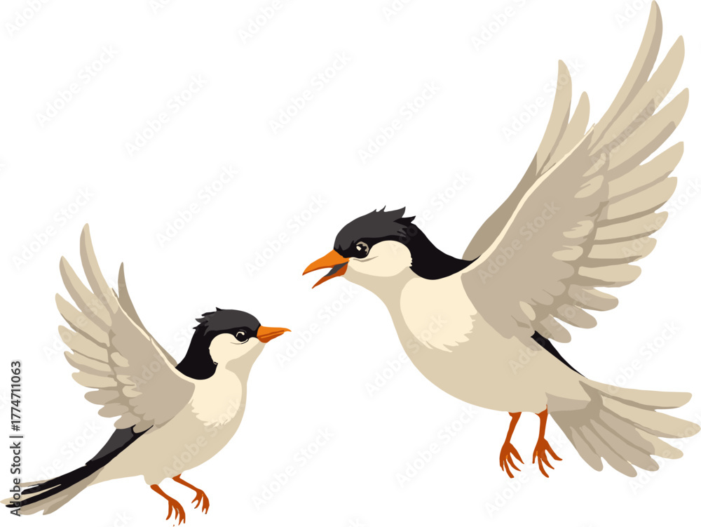 Fototapeta premium A sweet cartoon illustration of two adult birds caring for their small chick, symbolizing family, nurturing, nature, parenthood, and wildlife themes, perfect for children’s books, educational graphics