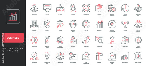 Business, corporate company development, organization and market strategy line icon set. Boss and employees, profitability and quality control thin black and red outline symbols vector illustration